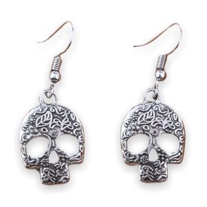 New Sterling Antique Silver Sugar Skull Bohemian Floral Dangle Earrings